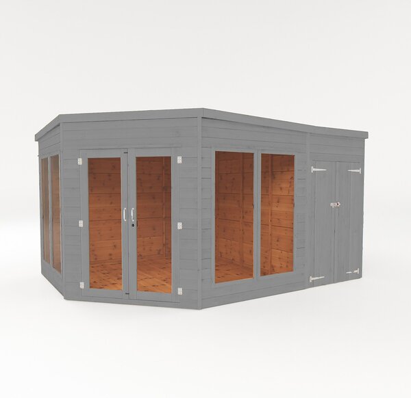 Country Living Premium Ribble 9ft x 13ft Corner Summerhouse with Side Shed Painted + Installation - Thorpe Towers Grey