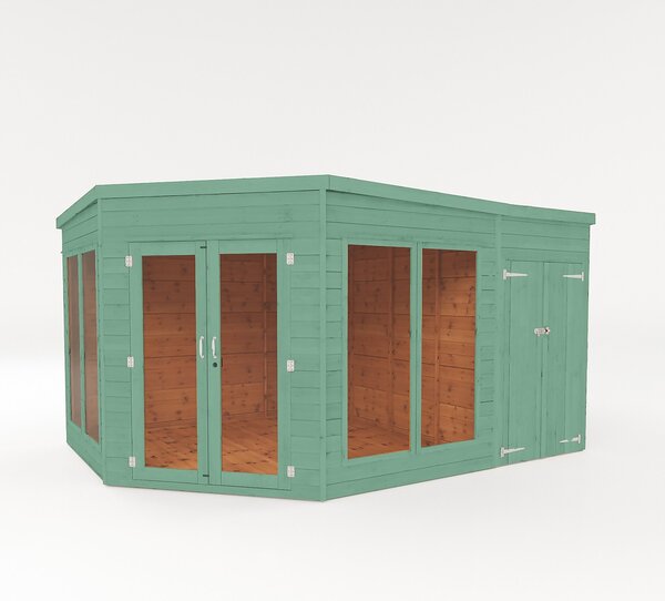 Country Living Premium Ribble 9ft x 13ft Corner Summerhouse with Side Shed Painted + Installation - Aurora Green