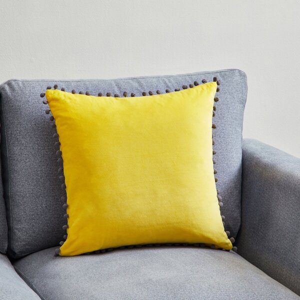 Velvet Pom Pom Cushion Yellow