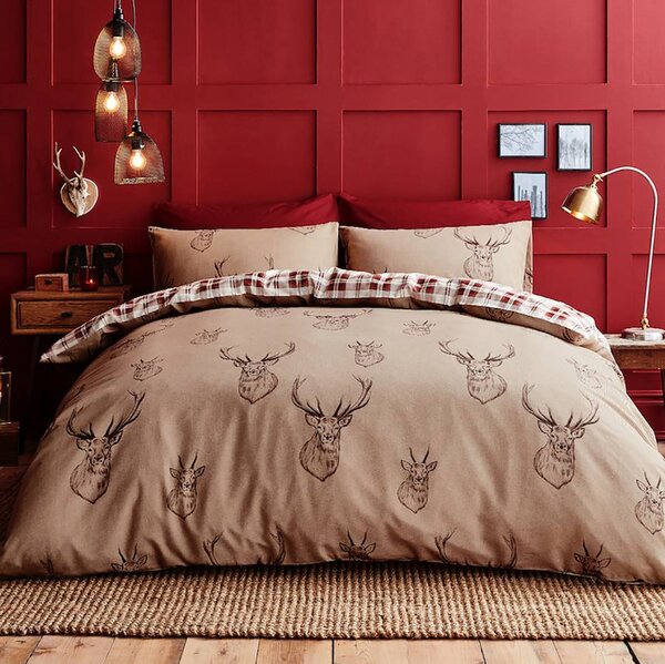 Catherine Lansfield Stag Natural Duvet Cover and Pillowcase Set Red/Beige