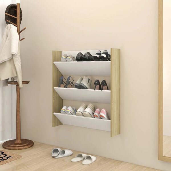 Wall Shoe Cabinet White and Sonoma Oak 80x18x90 cm Engineered Wood