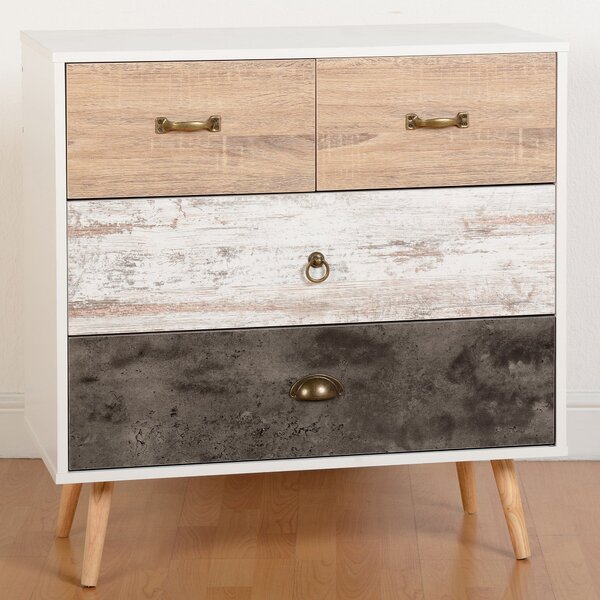 Nordic 4 Drawer Chest, White Brown and Grey