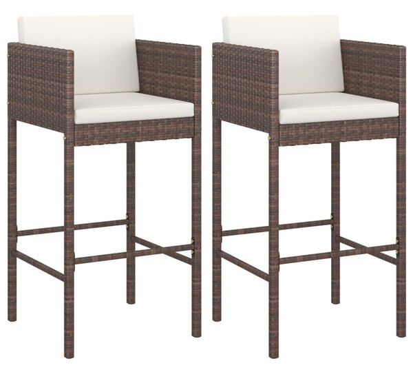 Bar Stools 2 pcs with Cushions Brown Poly Rattan