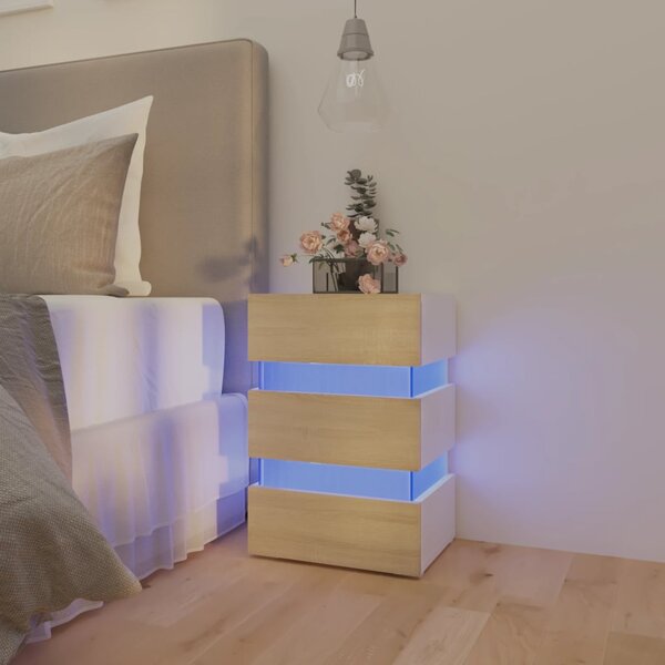 LED Bedside Cabinet White and Sonoma Oak 45x35x67 cm Engineered Wood