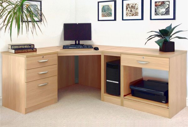 Small Office Corner Desk Set With 3+1 Drawers, Printer Shelf & CPU Unit (Classic Oak)