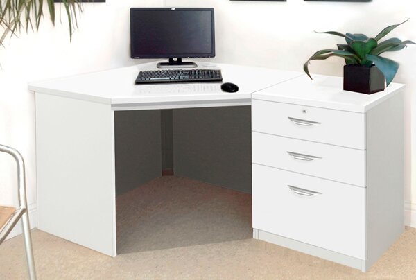 Small Office Corner Desk Set With 3 Drawers (White)