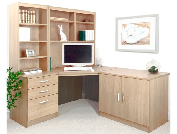 Small Office Corner Desk Set With 3 Drawers, Cupboard & Hutch Bookcases (Sandstone)