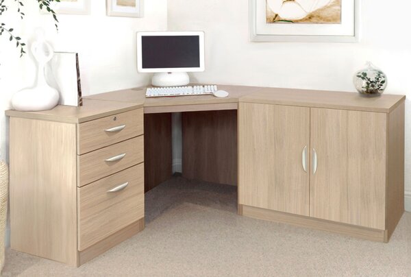 Small Office Corner Desk Set With 3 Drawers & Cupboard (Sandstone)