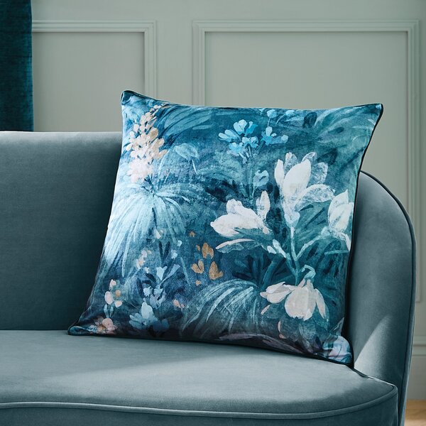 Hyperion Anthea Floral Velour Digital Print Filled Cushion 55cm x 55cm Rich Teal
