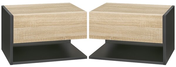 HOMCOM Floating Bedside Table Set of 2, Wall Mounted Bedside Cabinet with Drawer and Open Shelf, Modern Nightstand for Bedroom, 46 x 30 x 30 cm, Oak Tone