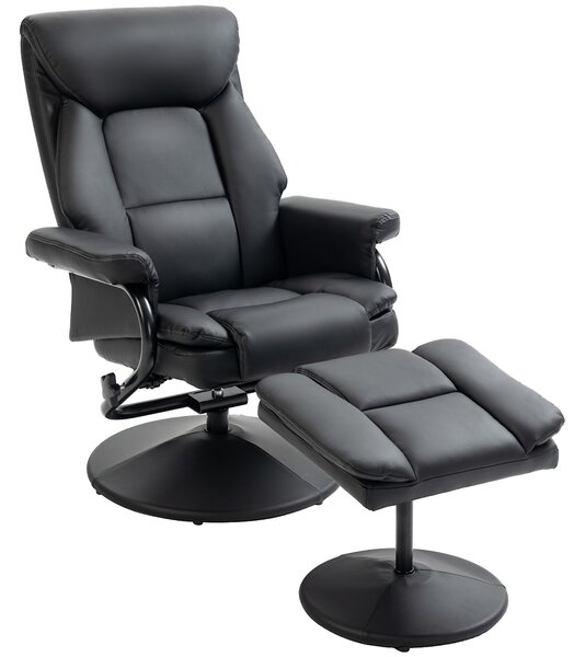 HOMCOM Swivel Recliner Chair with Footstool, PU Leather Recliner Armchair with Ottoman, Steel Base, Upholstered Reclining Chair for Living Room, Bedroom, Office, Black