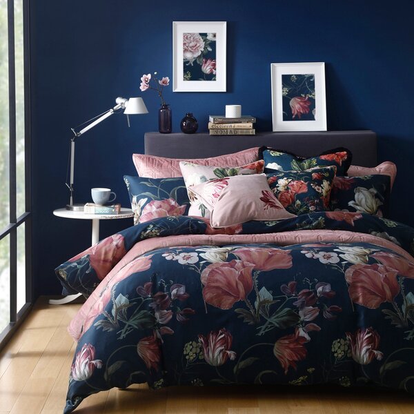Avery Green Larabella Floral Navy and Pink 100% Cotton Sateen Duvet Cover and Pillowcase Set Navy Blue/Pink/Green
