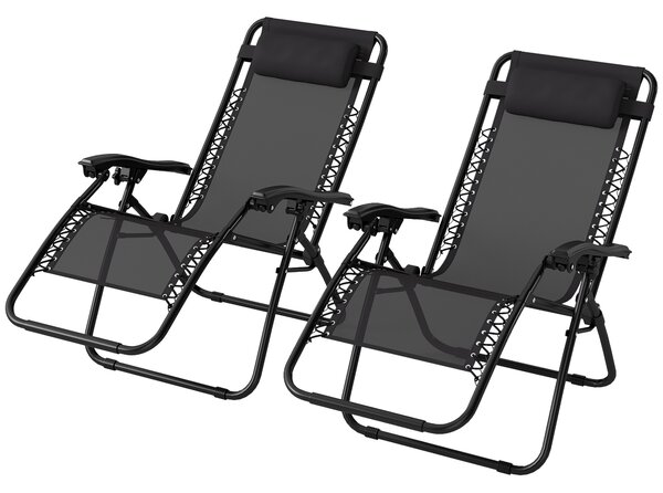 Outsunny Zero Gravity Chair Set of 2, Metal Frame Texteline Armchair Outdoor Folding and Reclining Sun Lounger with Head Pillow for Patio Decking Gardens Camping, Black
