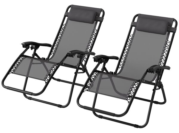 Outsunny Zero Gravity Chair Set of 2, Metal Frame Texteline Armchair Outdoor Folding and Reclining Sun Lounger with Head Pillow for Patio Decking Gardens Camping, Grey