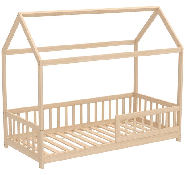 HOMCOM House-Shaped Kids Bed Frame with Guard Rails, Solid Pine Wood Single Bed Frame for Kids Boys and Girls, Natural