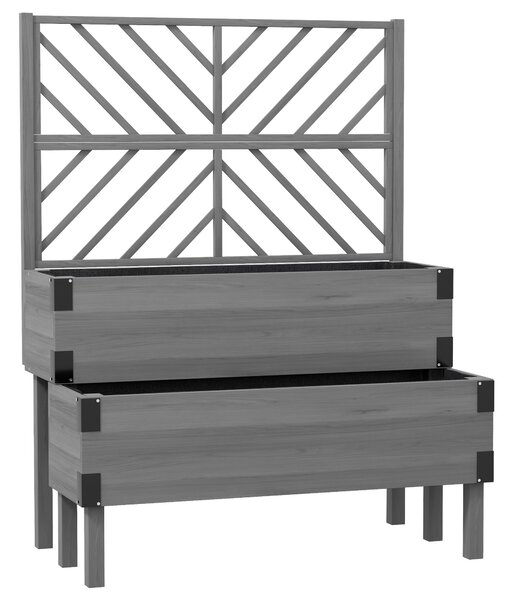 Outsunny Raised Garden Bed with Trellis, 2-Tier Wooden Elevated Planter Box for Vegetables, Flowers, Herbs, Grey