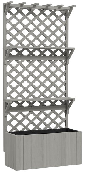 Outsunny 52L Wooden Planter with Trellis, Freestanding Raised Bed for Garden with Hanging Roof, Shelves, Drainage Holes and Bed Liner, Outdoor Planter Box for Climbing Plants Vegetables Flowers, Grey