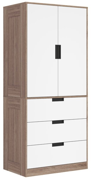 HOMCOM 2 Door Wardrobe, Modern Wardrobe with 3 Drawers and Hanging Rod for Bedroom, Brown Aosom UK
