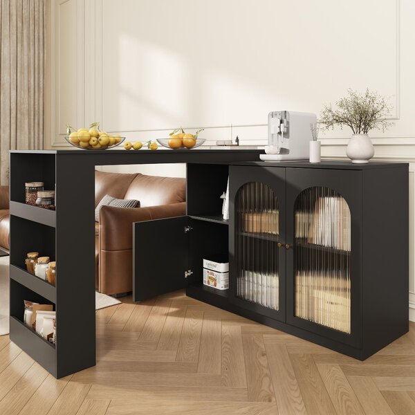 360° Rotating Kitchen Bar Table with Versatile Storage, Metal Handles, Dining Bar Cabinet with Glass Doors, 120L x 120W x 97H cm, Black Aosom.UK