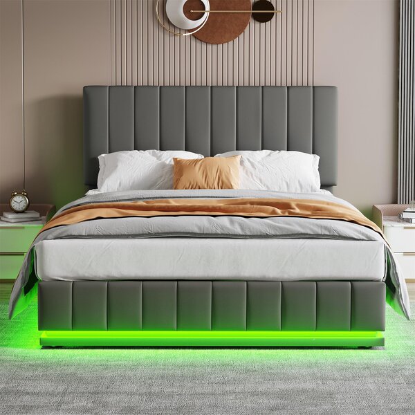 Double Bed with Hydraulic Storage, LED Lighting, PU Leather, Ottoman Bed Base with Adjustable Headboard, 193L x 142W x 101-111H cm, Grey Aosom.UK
