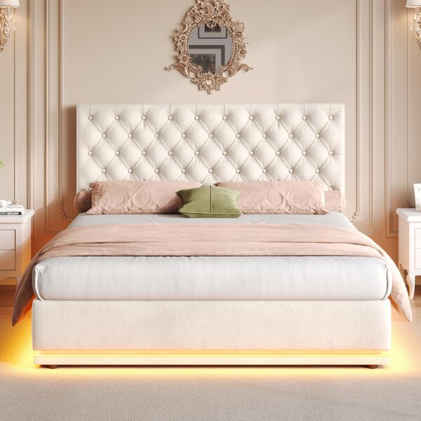 Ottoman Double Bed with Adjustable Headboard, LED Lighting, Upholstered Bed Frame with Hydraulic Storage, 195L x 142W x 102-112H cm, Beige Aosom.UK