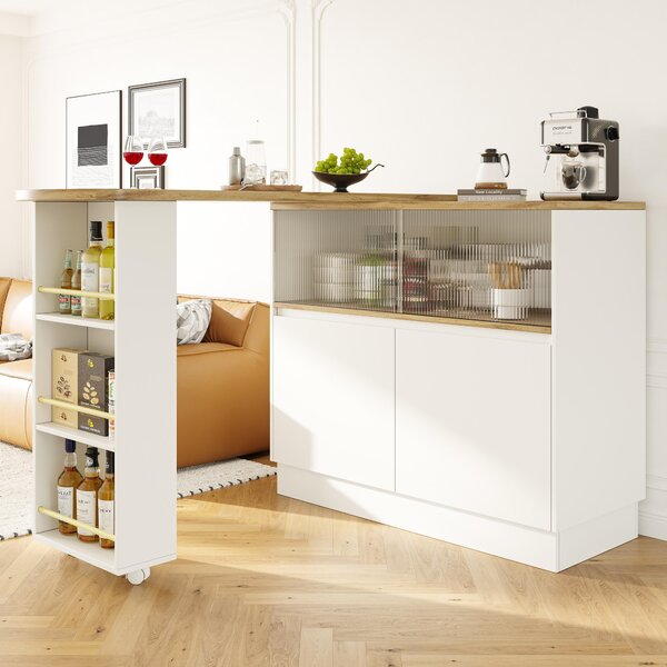 360° Rotating Bar Cabinet Table, Sliding Glass Doors, Open Shelves, Space-Saving Drinks Station for Dining Room, 90x120x100 cm, White Aosom UK