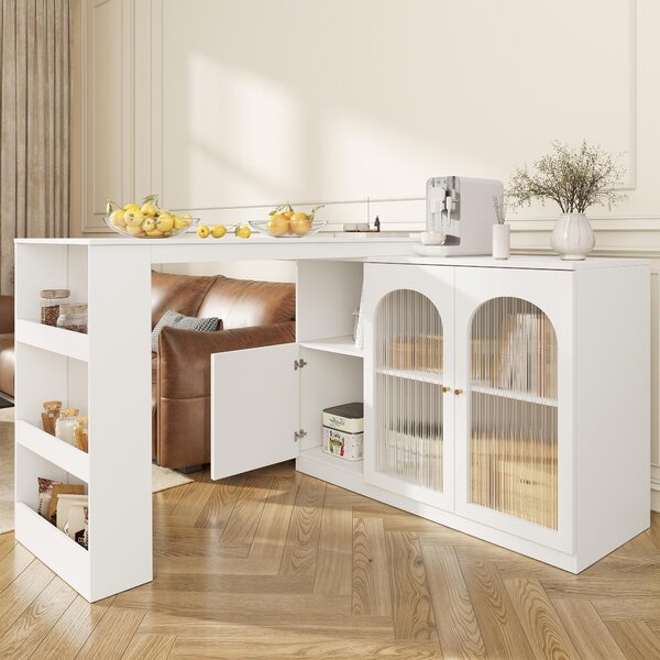 360° Rotating Kitchen Bar Table with Glass Doors, Metal Handles, Multifunctional Cabinet with Open Shelves, 120L x 120W x 97H cm, White Aosom.UK