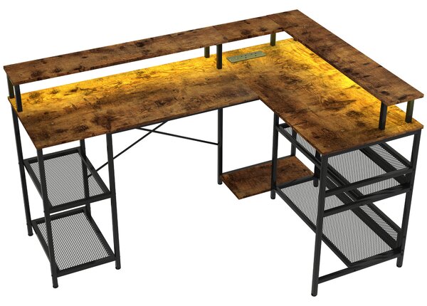HOMCOM L Shaped Gaming Desk with LED Lights and Power Outlets, 150cm Corner Computer Desk with Monitor Stand and Storage Shelves, Rustic Brown