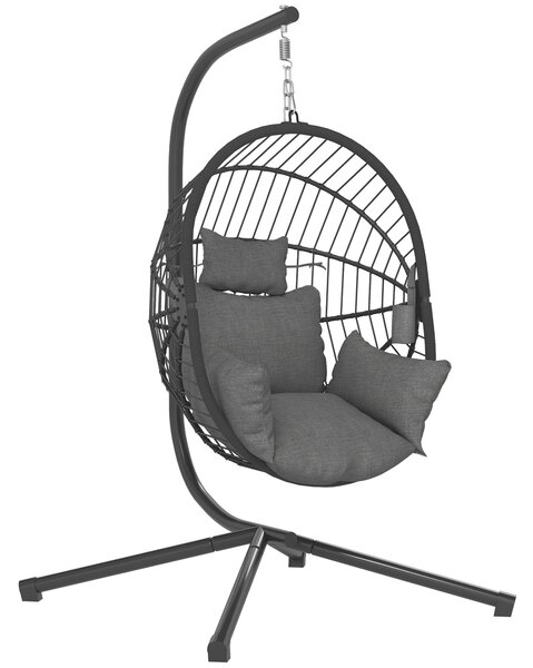 Outsunny Outdoor Swing Chair with Thick Padded Cushion, Patio Hanging Chair with Metal Stand, Foldable Basket, Cup Holder, Rope Structure