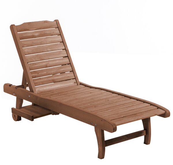 Outsunny Outdoor Wooden Lounger Chair, Sun Bed with Built-In Table, Adjustable Backrest and Wheels, Red Brown