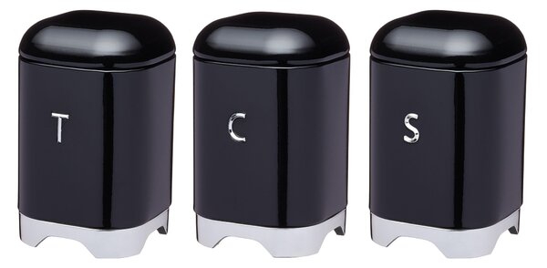Set of 3 Lovello Black Tea Coffee and Sugar Canisters Black and Silver