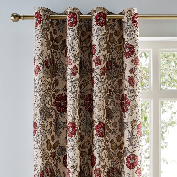 Betsy Natural Chenille Jacquard Eyelet Curtains Brown and Red