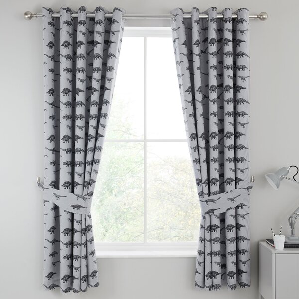 Grey Dinosaur Friends Cotton Thermal Blackout Eyelet Curtains Grey, White and Black