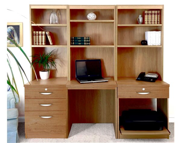 Small Office Desk Set With 3+1 Drawers, Printer Shelf & Hutch Bookcases (English Oak)