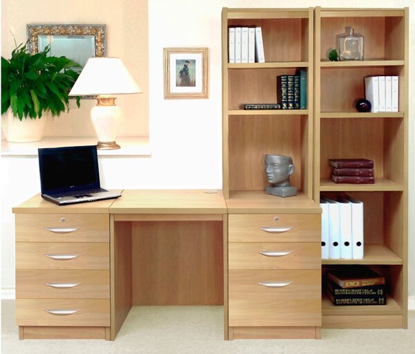 Small Office Desk Set With 4+3 Drawers & Bookcases (Classic Oak)