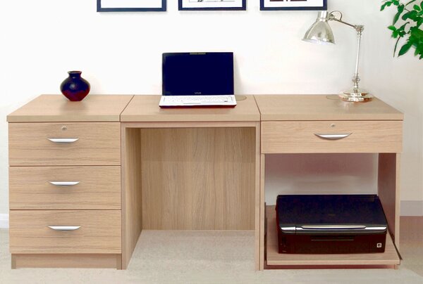 Small Office Desk Set With 3 Media Drawers, 1 Standard Drawer & Printer Shelf (Sandstone)