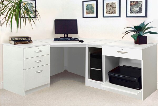 Small Office Corner Desk Set With 3+1 Drawers, Printer Shelf & CPU Unit (White)