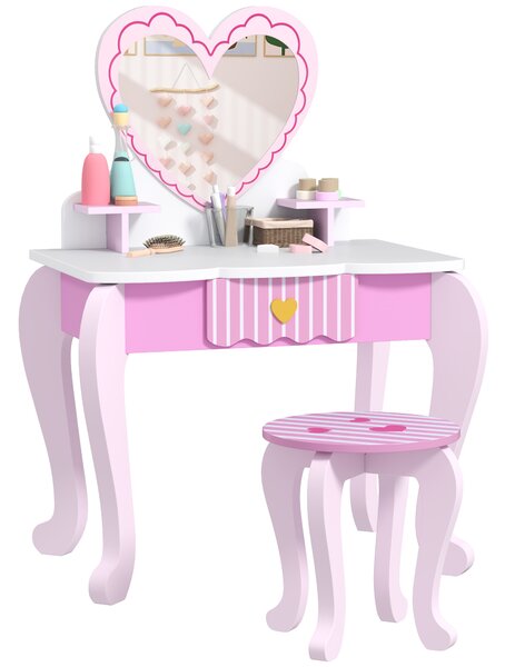 AIYAPLAY Kids Dressing Table Set, Vanity Table with Stool, Mirror, Drawer, Desktop Storage, Heart Theme, Pink