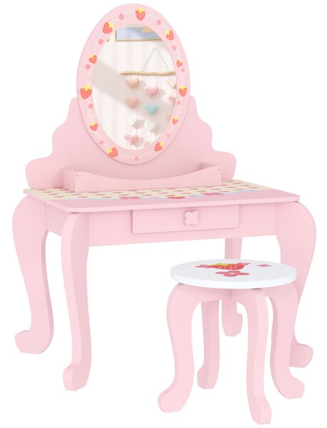AIYAPLAY Kids Dressing Table Set, Vanity Table with Stool, Mirror, Drawer, Desktop Storage, Strawberry Theme, Pink