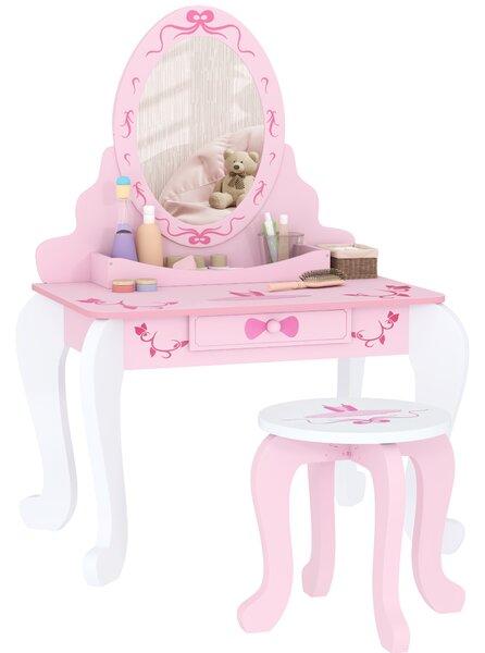 AIYAPLAY Kids Dressing Table Set, Vanity Table with Stool, Mirror, Drawer, Desktop Storage, Ballet Theme, Pink