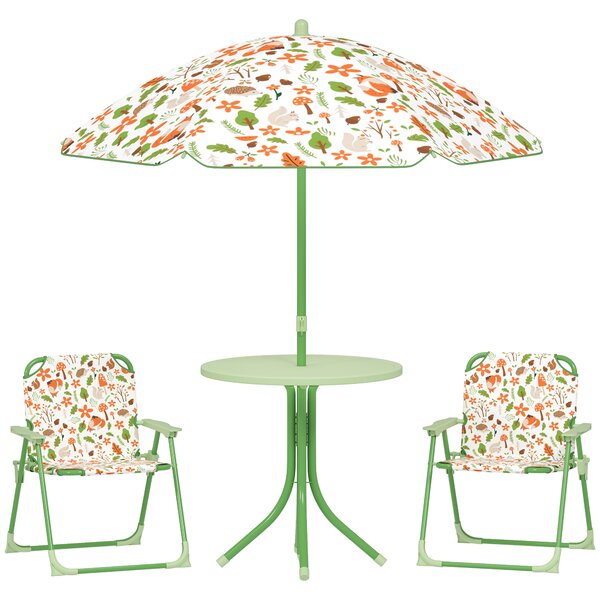 AIYAPLAY 4 Pieces Kids Garden Table and Chair Set with Adjustable Parasol, Folding Chairs, Table, Fox Pattern, Green