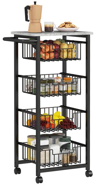 HOMCOM Four Basket Mobile Kitchen Island, with Brakes - Grey/Black