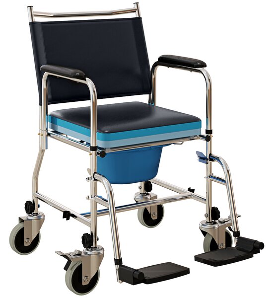 HOMCOM Rolling Shower Chair with Wheels, Bedside Commode Wheelchair with Padded Seat, Backrest, Black Aosom UK