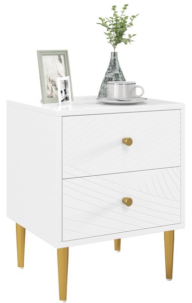 HOMCOM Elegant Two-Drawer Bedside Table - White/Gold-Tone