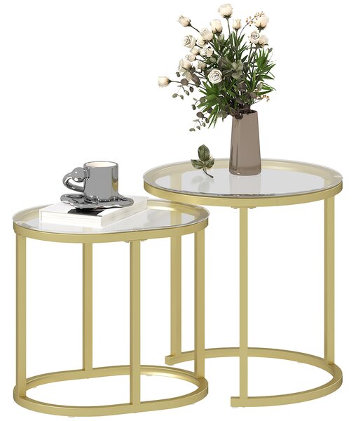 HOMCOM Modern Coffee Table Set of 2, Nest of Tables with Steel Frame and Tempered Glass Tabletop, Side Tables for Living Room Bedroom, Clear