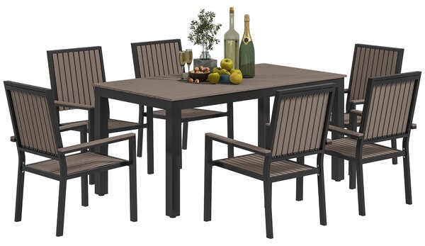 Outsunny 6 Seater Garden Dining Set with Stackable Chairs, Rectangular Plastic Top, Outdoor Dining Table and Chairs for Patio, Balcony, Brown