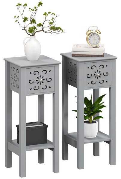 HOMCOM Set of Two Elegant Floral Cut-Out Side Tables - Grey