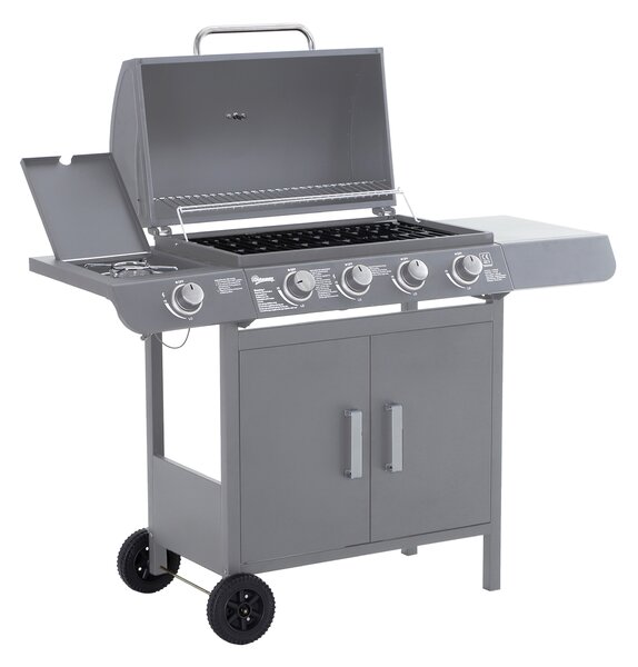 Outsunny 4+1 Burner Gas BBQ Grill, Outdoor Barbecue Trolley with Wheels, Cabinet, Thermometer for Garden, Party, Camping, 125L x 51W x 100Hcm, Grey