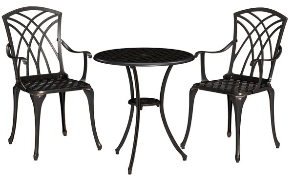 Outsunny 3 Pieces Garden Dining Set for 2, Outdoor Dining Set with 2 Armchairs and Round Dining Table with Parasol Hole, Bronze Tone