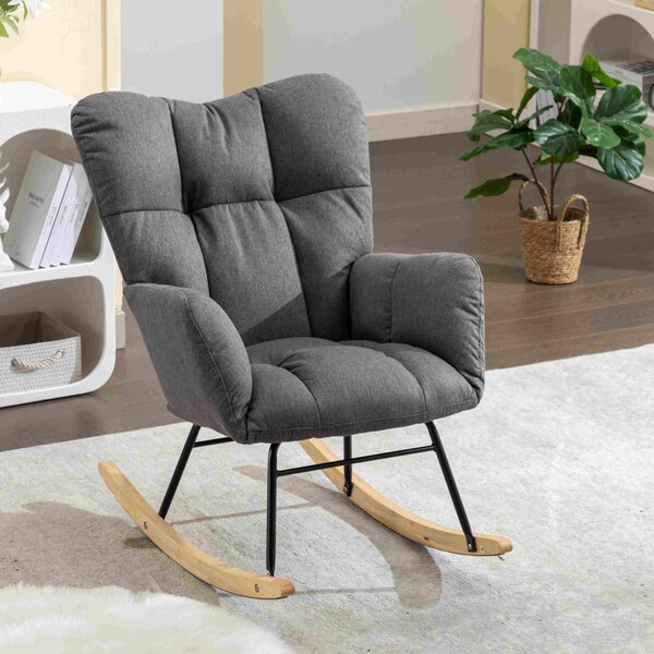 Mid Century Modern Flax Fabric Tufted Upholstered Garden Rocking Chair with Padded Seat, Relax Chair for Living Room, 80x70x95 cm, Grey Aosom UK